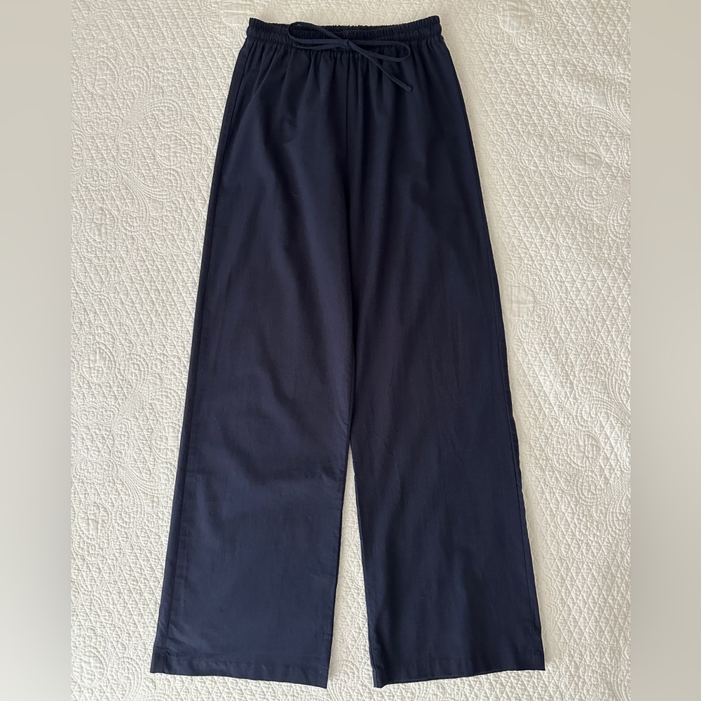 NAADAM Organic Cotton Drawstring Pants Navy Blue Wide Leg Pull On Lightweight - Picture 2 of 15